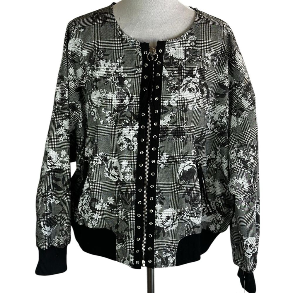 Rachel Roy Floral Plaid Bomber Jacket – Zip Front, Black & Gray (3X)